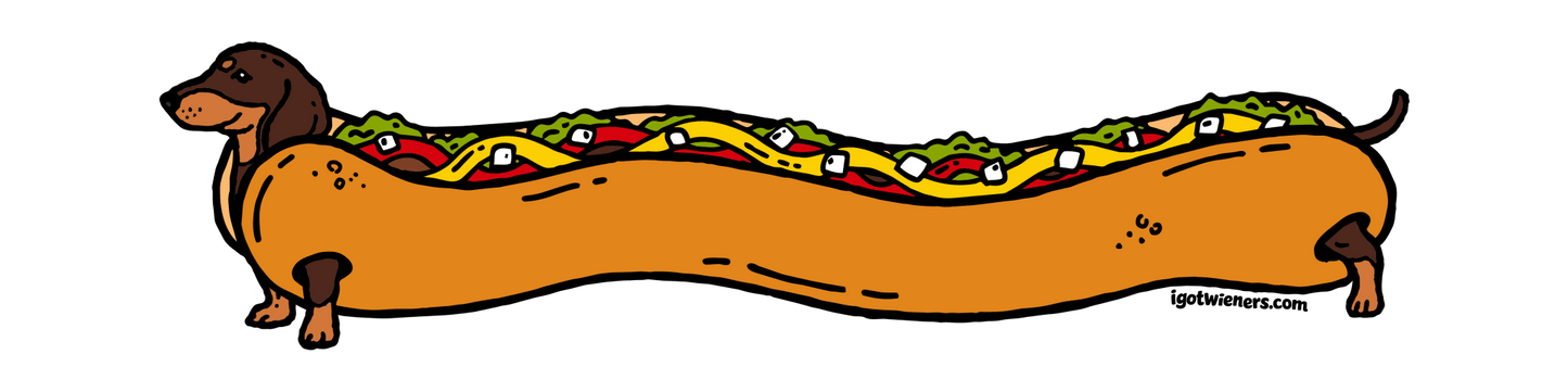 FAMOUS FOOTLONG WIENER STICKER smooth haired chocolate & tan fully loaded hot dog