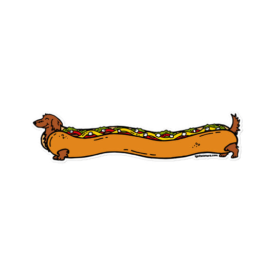 FAMOUS FOOTLONG WIENER STICKER long haired red fully loaded hot dog