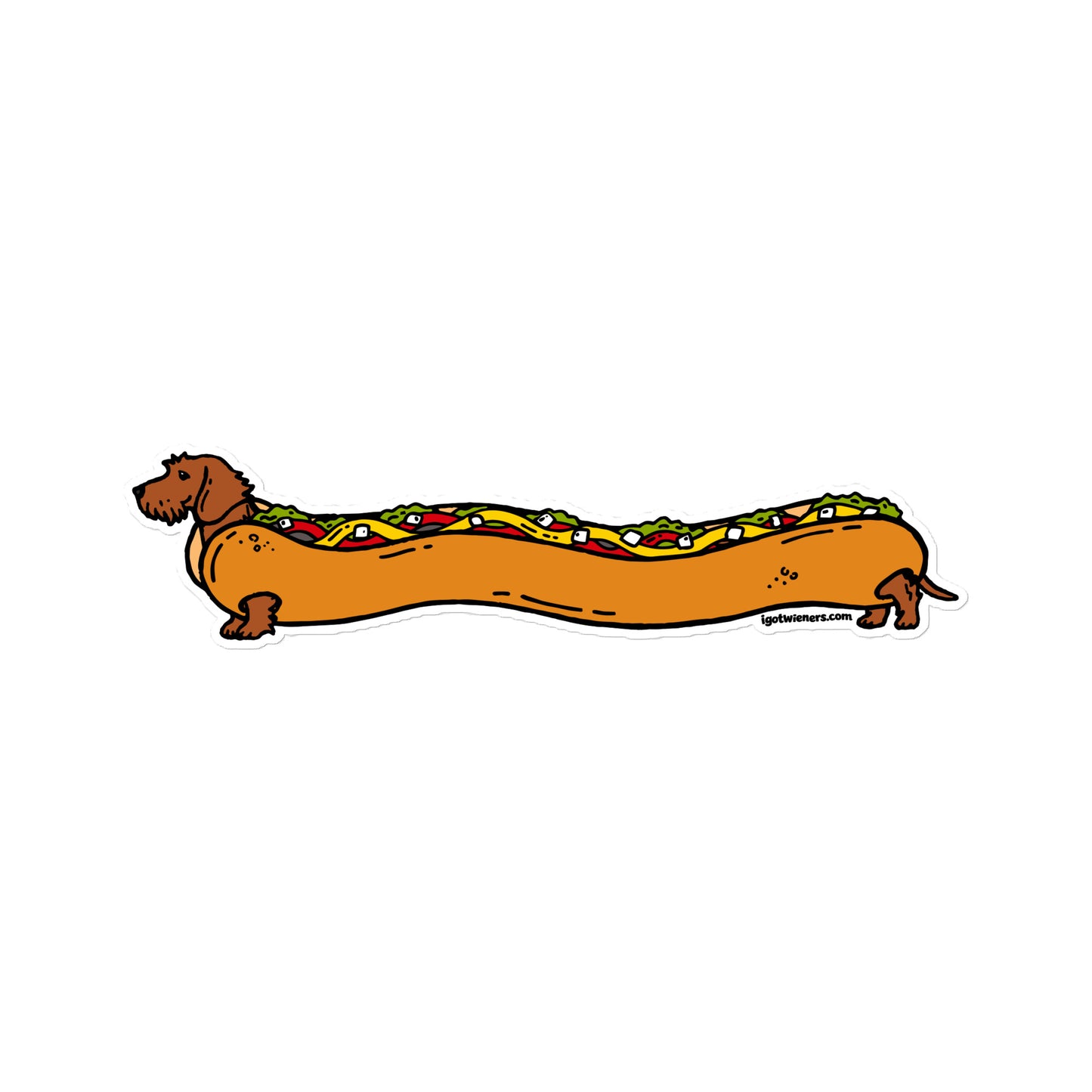 FAMOUS FOOTLONG WIENER STICKER wirehaired red fully loaded hot dog
