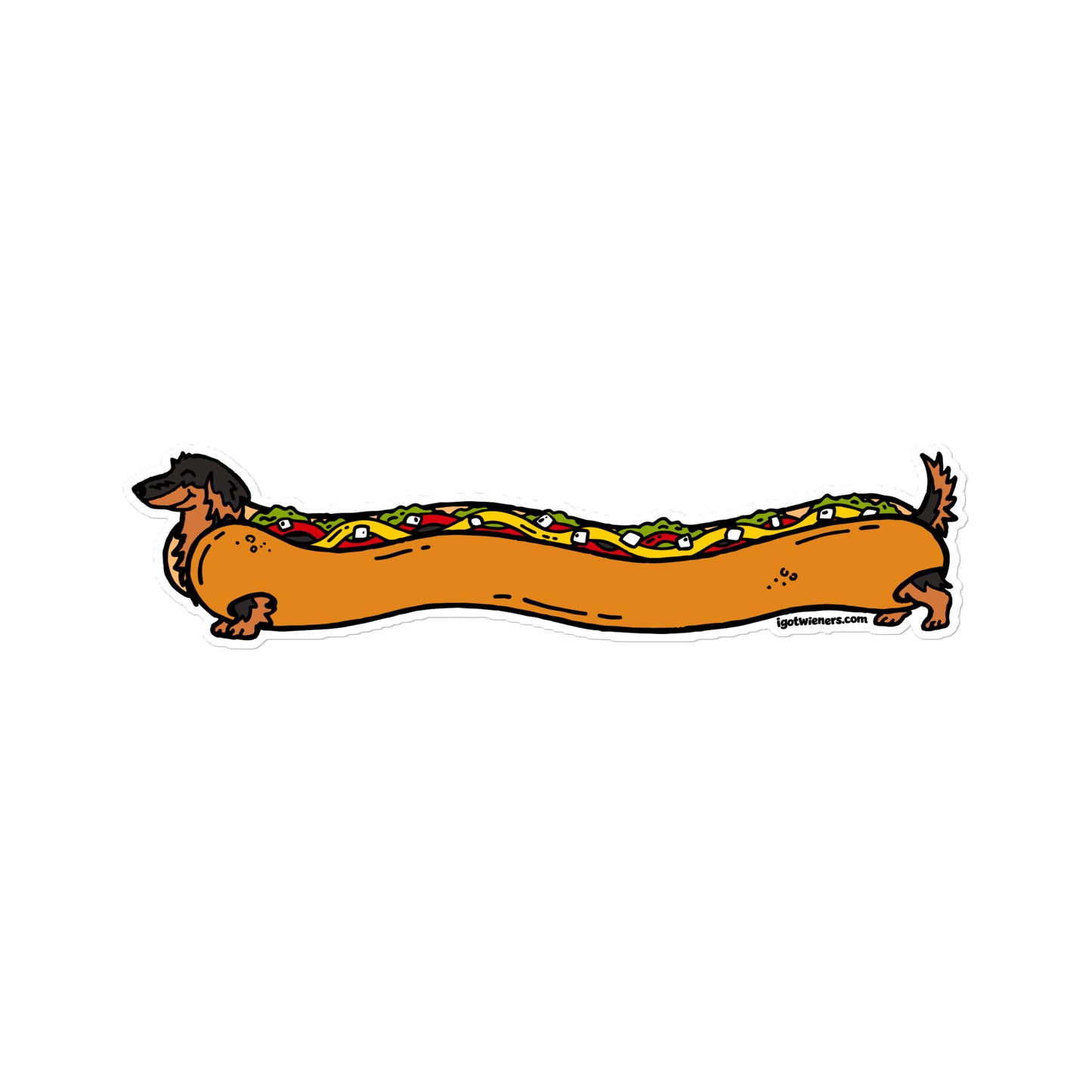 FAMOUS FOOTLONG WIENER STICKER | long haired black & tan doxie | fully loaded hot dog Default Title