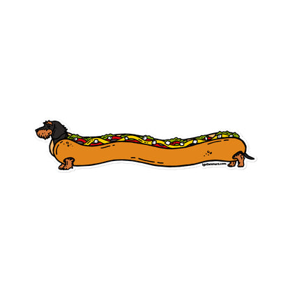 FAMOUS FOOTLONG WIENER STICKER wirehaired black & tan fully loaded hot dog